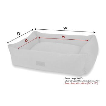 Extra großes Hundebett in hellgrau mit den Abmessungen: Gesamtgröße 90x70cm (36"x27.5"), Schlafbereich 60x48cm (24"x19").
