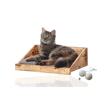 Eine flauschige getigerte Katze, die auf einem hölzernen Haustierbett mit einem grauen Kissen liegt, begleitet von zwei Spielbällen an der Seite.