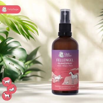 Yuki Cares Kämmhilfe Fur Spray Flasche, 100ml, mit Text über Inhaltsstoffe wie Argan- und Rizinusöl, fördert einfaches Kämmen und natürlichen Glanz.