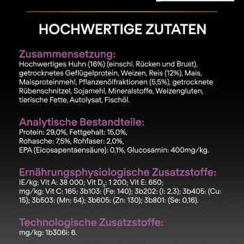 Tierfutterverpackung mit der Aufschrift "HOCHWERTIGE ZUTATEN" und einer Zutatenliste, die Huhn, Getreide und Nährwertanalyse enthält.