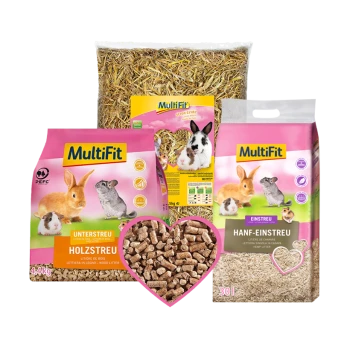 MultiFit Haustierprodukte: Holzstreu (4,4 kg), Hanfstreu (30 l) und Strohernte (5 kg).
