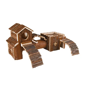 Natural Living Tunnelsystem Frida Holzspielhaus für Haustiere mit mehreren Ebenen, Rampen und Tunneln, entworfen für kleine Tiere wie Hamster oder Meerschweinchen.