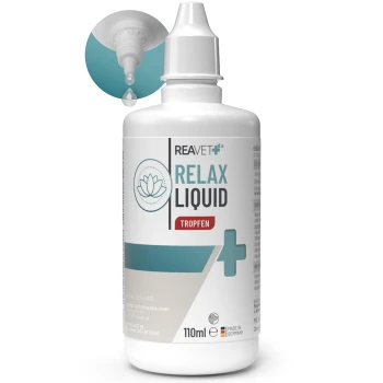 Flasche REAVET Relax Liquid, 110ml, mit einem Tropferdeckel, der eine Lotusblume-Grafik und den Text 'RELAX LIQUID TROPFEN' zeigt.