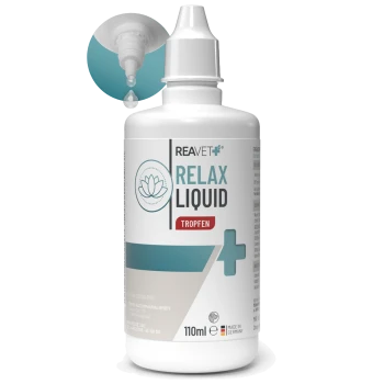 Flasche REAVET Relax Liquid, 110ml, mit einem Tropferdeckel, der eine Lotusblume-Grafik und den Text 'RELAX LIQUID TROPFEN' zeigt.