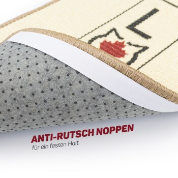 Eine Nahaufnahme einer Haustiermatte, die ihre strukturierte Unterseite mit rutschfesten Punkten zeigt, mit dem Text "ANTI-RUTSCH NOPPEN für ein festen Halt."