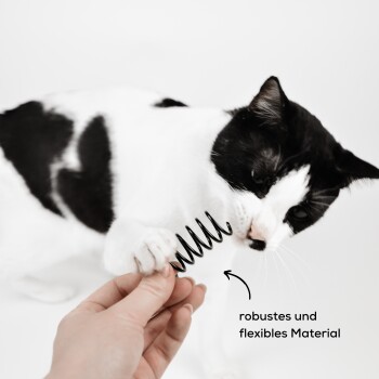Eine schwarz-weiße Katze hält spielerisch ein schwarzes Feder-Spielzeug in ihrer Pfote, während eine Hand sich danach ausstreckt. Der Text lautet "robustes und flexibles Material."