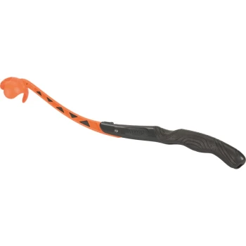 Outil de toilettage pour animaux de compagnie orange avec un long manche et une extrémité courbée, conçu pour un accès facile et un confort.