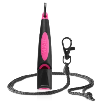 Schwarze und rosa ACME Hundepfeife mit angebrachtem schwarzem geflochtenem Schlüsselband und Metallclip.
