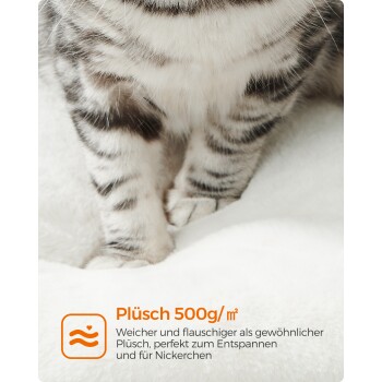 Nahaufnahme der Pfoten einer gestreiften Katze auf einer weichen weißen Oberfläche. Text: "Plüsch 500g/m² - Weicher und flauschiger als gewöhnlicher Plüsch."