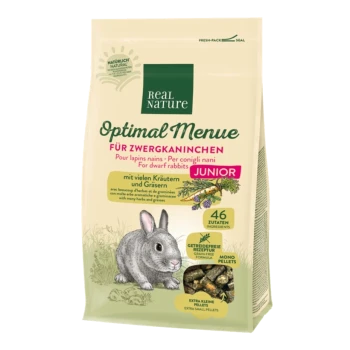Tüte Real Nature Optimal Menu für Zwergkaninchen, mit einer grauen Kaninchenillustration, dem Etikett "JUNIOR" und Details zu Inhaltsstoffen und Vorteilen.