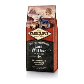Lamb & Wild Boar Adult 12kg Un sac de nourriture pour chien Carnilove avec un fond de loup et de montagne, étiqueté 'Agneau & Sanglier' pour chiens adultes, sans céréales et sans pommes de terre.