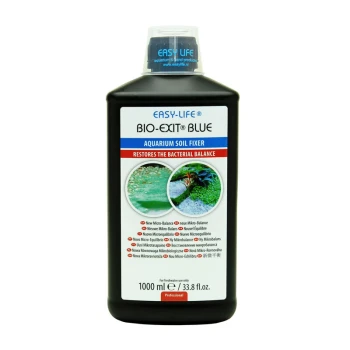 Flasche von Easy-Life Bio-Exit Blue, einem Aquarienbodenfixierer, beschriftet mit "Stellt das bakterielle Gleichgewicht wieder her" und Bildern von Wasserpflanzen.