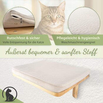 Katzenbett mit einem weichen, abnehmbaren Bezug, der den Text hervorhebt, der seine rutschfesten, pflegeleichten und hygienischen Eigenschaften beschreibt.