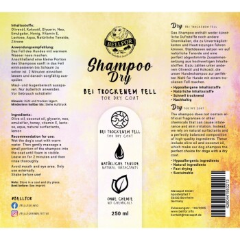 Etikett für Bellfor Trocken-Shampoo für Hunde, 250 ml, mit Olivenöl, Kokosöl und hypoallergenen, natürlichen, chemiefreien Ansprüchen.