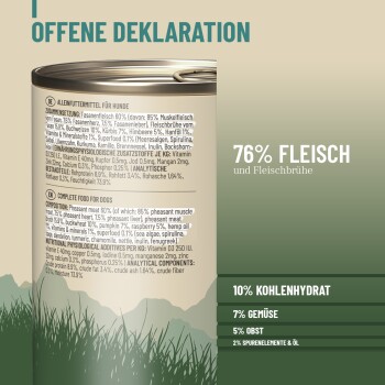 Dose Hundefutteretikett mit einer offenen Deklaration der Zutaten, die 76% Fleisch und Brühe hervorhebt, mit detaillierten Nährwertinformationen.