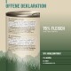 Dose Hundefutteretikett mit einer offenen Deklaration der Zutaten, die 76% Fleisch und Brühe hervorhebt, mit detaillierten Nährwertinformationen.