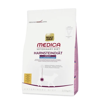 Karma dla psów Select Gold Medica Veterinary Diet Harnsteindiät, 2,5 kg, zaprojektowana do zarządzania kamieniami moczowymi struwitowymi, niskokaloryczna.