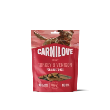Pochette rouge CARNILOVE viande séchée Dinde & Venaison pour chiens adultes, 90 % ingrédients d'origine animale, sans céréales ni pommes de terre