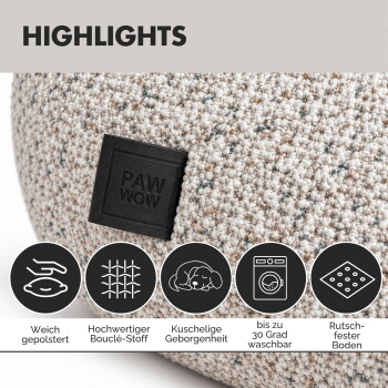 Helle beige runde Hundebett mit gepolstertem Design, mit dem Text "Abziehbar & waschbar" und PAW WOW-Logo. Leicht zu entfernen und zu waschen.