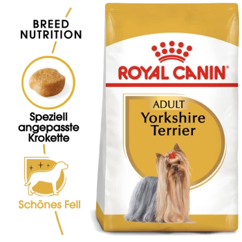Royal Canin Adult Yorkshire Terrier Hundefutterbeutel mit einem Bild eines Yorkshire Terriers, mit Text, der die Rassenernährung und spezielle Kroketten hervorhebt.