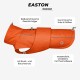 Oranger Hundemantel mit der Aufschrift "EASTON", mit einem Reißverschluss für das Geschirr, elastisch für Hals und Rücken sowie Brust- und Bauchschutz.