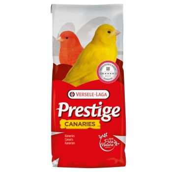 Sac de nourriture Versele-Laga Prestige Canaries avec canaris jaunes et rouges et logo «100% Pure Nature».