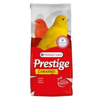 Sac de nourriture Versele-Laga Prestige Canaries avec canaris jaunes et rouges et logo «100% Pure Nature».