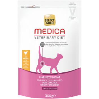 Select Gold Medica Veterinary Diet Harnstein-Diät, 300 g, mit Geflügel; rosa Katzensilhouette mit Zielmarkierung am Bauch.