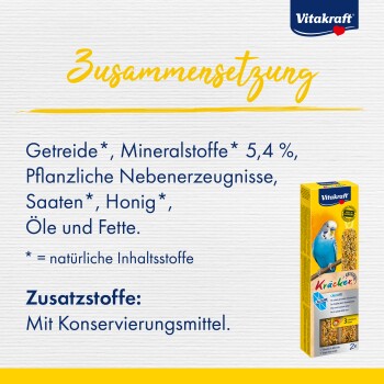 Vitakraft Vogel-Leckerli-Verpackung mit einem blauen Wellensittich, mit Text, der Zutaten wie Getreide, Mineralien und Honig sowie Konservierungsstoffe beschreibt.