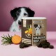 Dose mit der Aufschrift 'Tierliebhaber Analdrüsen Drops' mit dunklen runden Leckerlis, Süßkartoffel, Rosmarinzweig und Hund im Hintergrund.