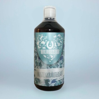 Eine Flasche mit pflanzlichem Hustensaft, beschriftet 'Hustenkräutersaft' von 'Tierliebhaber', mit einem bunten Design und Tierikonen.