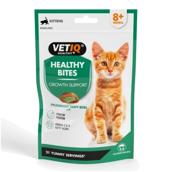 VETIQ Healthy+ Healthy Bites kitten treats pouch with orange kitten, labeled Growth Support, 8+ weeks, 21 servings.