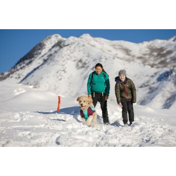 Ein flauschiger Hund in einer bunten Jacke läuft fröhlich durch eine verschneite Landschaft, begleitet von zwei Wanderern in Winterkleidung.