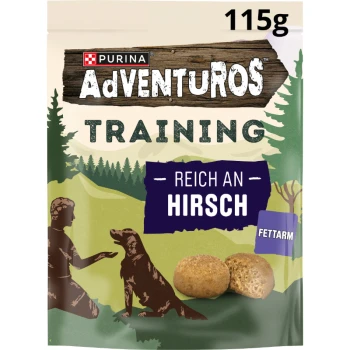 Purina AdVENTUROS Trainingshundeleckereien, 115g, mit einer Silhouette von einer Person und einem Hund, mit dem Text "Reich an Hirsch" und "Fettarm".