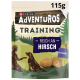 Purina AdVENTUROS Trainingshundeleckereien, 115g, mit einer Silhouette von einer Person und einem Hund, mit dem Text "Reich an Hirsch" und "Fettarm".