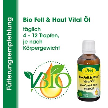 Flasche 'Bio Fell & Haut Vital Öl' für Haustiere, mit Dosierungsanweisungen (4-12 Tropfen täglich) basierend auf dem Gewicht, mit grünem und gelbem Design.