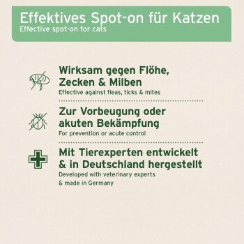 Wirksame Spot-On-Behandlung für Katzen, die Flöhe, Zecken und Milben bekämpft; entwickelt mit veterinärmedizinischen Experten in Deutschland.