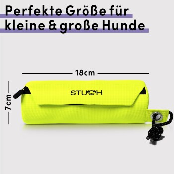 Helle gelbe Haustieraccessoire-Tasche mit den Maßen 18 cm x 7 cm, beschriftet mit "STUCH," entworfen für kleine und große Hunde.