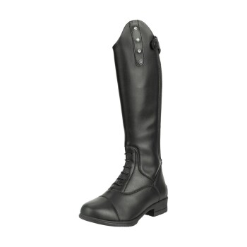 Schwarze Reitstiefel mit einem eleganten Design, mit einer Schnürung vorne, dekorativen Knöpfen an der Seite und einem niedrigen Absatz.
