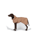 Schokoladenbrauner Hund in sandfarbenem, wasserdichtem Mantel mit Kapuze und Bauchriemen, Seitenansicht vor schlichtem weißem Hintergrund.