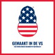 Pootlogo in Amerikaanse vlagstijl boven de Nederlandse tekst 'GEMAAKT IN DE VS' en 'VAN WERELDWIJD INGEKOCHTE MATERIALEN'.