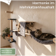 Katze klettert an einem wandmontierten Kratzbaum und eine andere Katze ruht in einer Hängematte; Text auf Deutsch über Stabilität und 35 kg Belastungsgrenze.