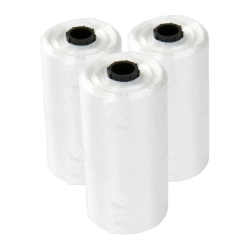 Three rolls of clear plastic pet waste bags stacked together, featuring black cores for easy dispensing.
