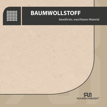 Beiger Baumwollstoff mit dem Text "BAUMWOLLSTOFF" und "bewährtes, waschbares Material" in einer modernen Schriftart, mit einem Logo.
