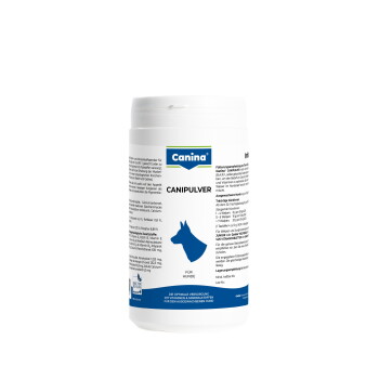 Weißer Canina‑Becher „CANIPULVER“ Ergänzungspräparat für Hunde mit blauem Canina‑Logo, blauer Hundesilhouette und Text „Für Hunde“.