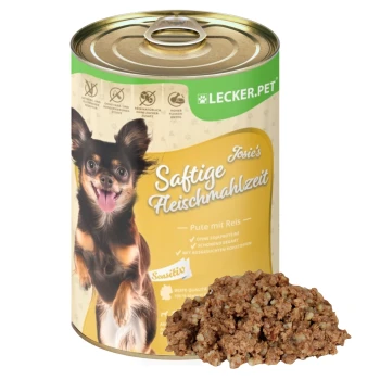 Lecker.Pet Josie's Saftige Fleischmahlzeit Sensitiv mit Pute & Reis Hundefutter Nassfutter 400 g Eine Dose Hundefutter mit der Aufschrift "Josie's Saftige Fleischmahlzeit", die Truthahn mit Reis enthält, begleitet von einer Portion des Futters daneben.