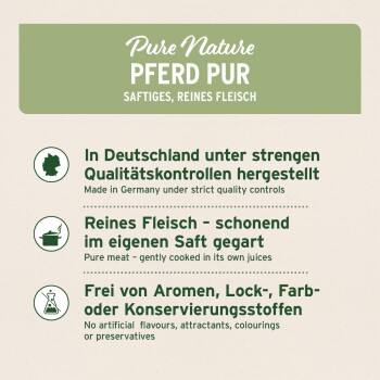 Pure Nature Pferd Pur Verpackung mit Text auf Deutsch, der reines Fleisch aus Deutschland hervorhebt, schonend gekocht und ohne künstliche Zusatzstoffe.