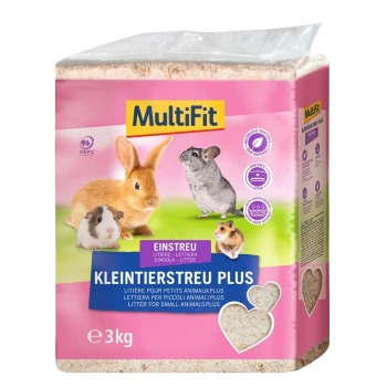MultiFit Kleintierstreu Plus 3kg pet litter packaging featuring a rabbit, guinea pig, and chinchilla, with text in multiple languages.