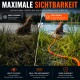 Geteiltes Bild: dunkel schwer sichtbare Leine vs. leuchtend orange gut sichtbare Leine, die zu einem Hund im Wasser führt; Text 'MAXIMALE SICHTBARKEIT'.