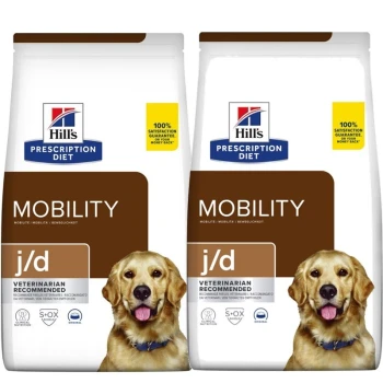 Zwei Taschen von Hill's Prescription Diet Mobility j/d Hundefutter, mit einem braun-weißen Design und '100% Zufriedenheitsgarantie'-Etiketten.